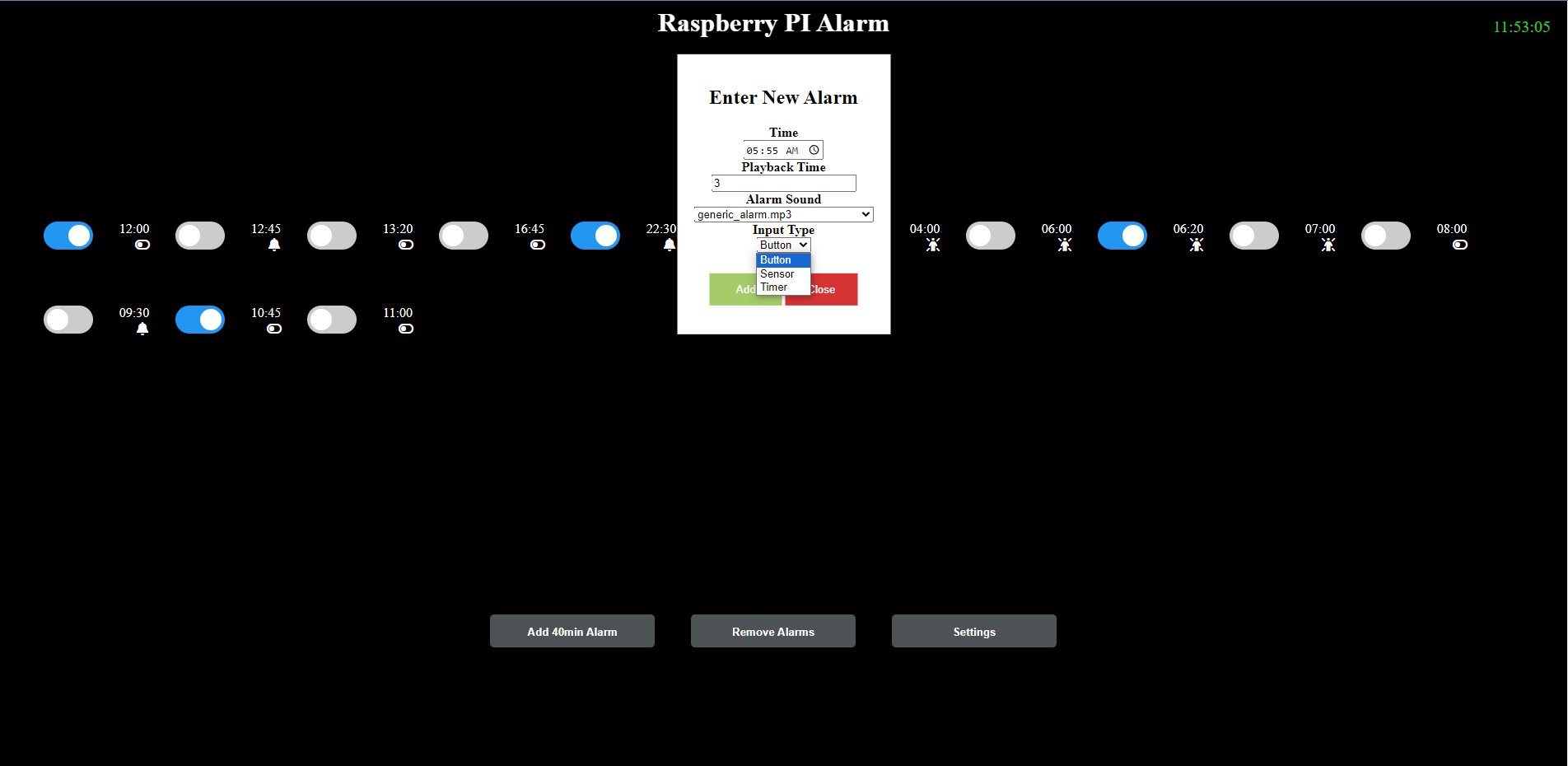 Alarm input types and entering new alarm