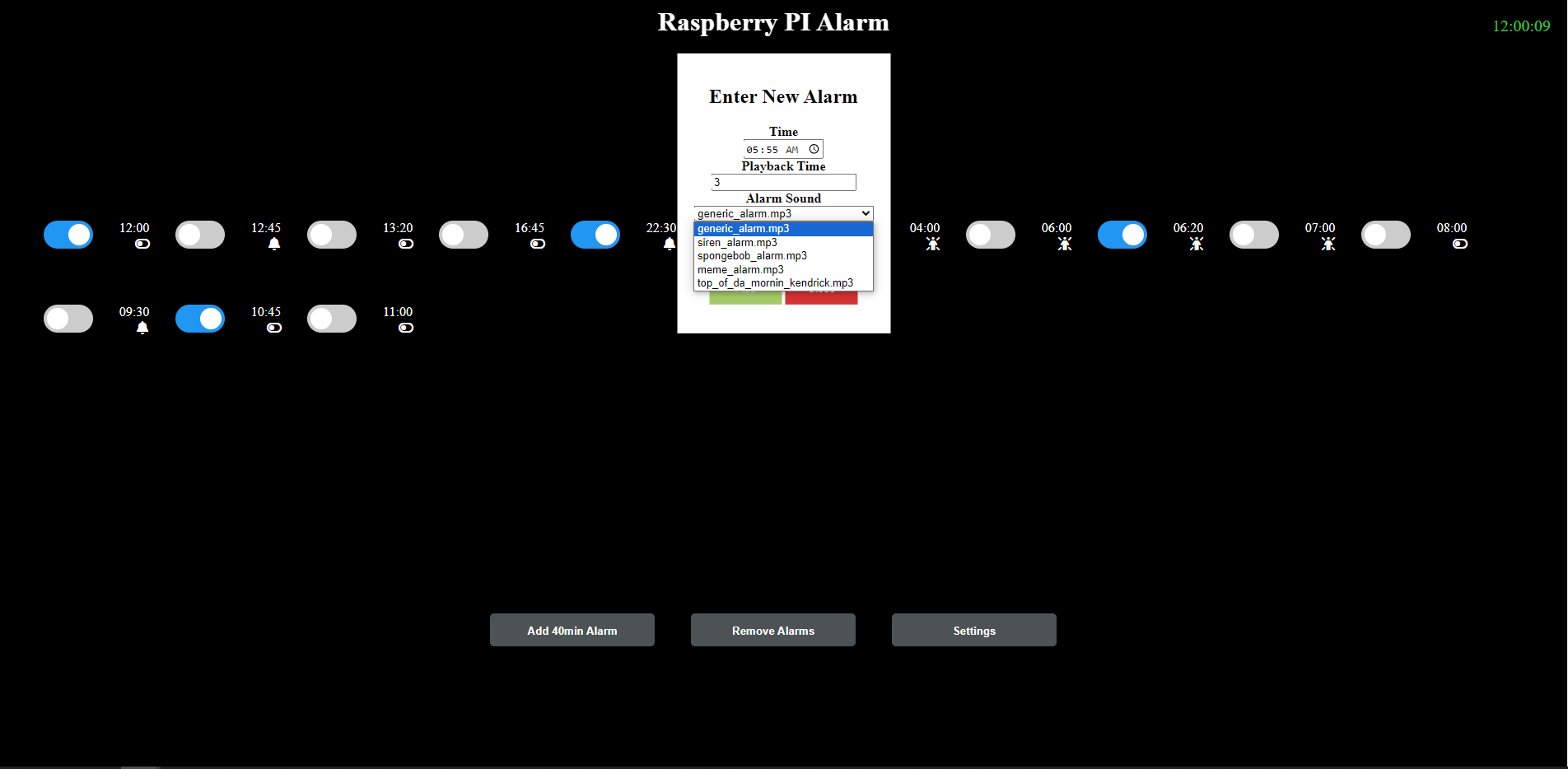 Alarm sound options and entering new alarm